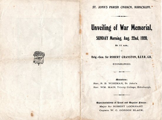 Order of service for the dedication of the St John's WW1 war memorial in August 1920